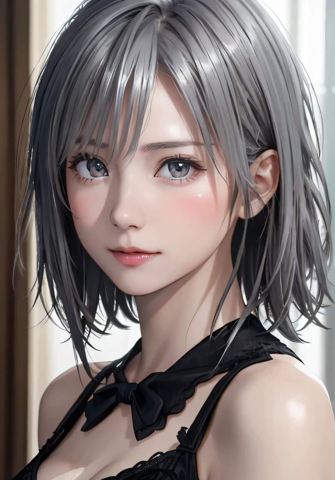 (Top quality masterpiece:1.2) Delicate illustrations, Very detailed, /Beautiful Japanese Woman、1 person,Very cute and slim、Excellent style 、((8K images、super high quality))、Very delicate face, Beautiful forehead、Beautiful thighs、Deep red lipstick,(((((Middle Hair、Silver Hair))))),very cute、Kind eyes,((((Sexy Lingerie))))、starry skies、Tokyo night view