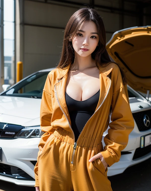 You are a professional photographer。masterpiece、8K、Highest quality, Soft Light, Ultra-high resolution, (Realistic:1.4), RAW Photos,24 years old Japanese girl, alone, cute, Cool women、(pupil, Light in your eyes), Beautiful face in every detail, (Small box),(High resolution detail of human skin texture),Cleavage Auto Repair Shop、mechanic、Work Style、Wearing a jumpsuit、Wear long-sleeved work clothes、Roll up your sleeves、Car maintenance、Accurate background、Service1Stand in front of a vehicle
、(Portraiture)