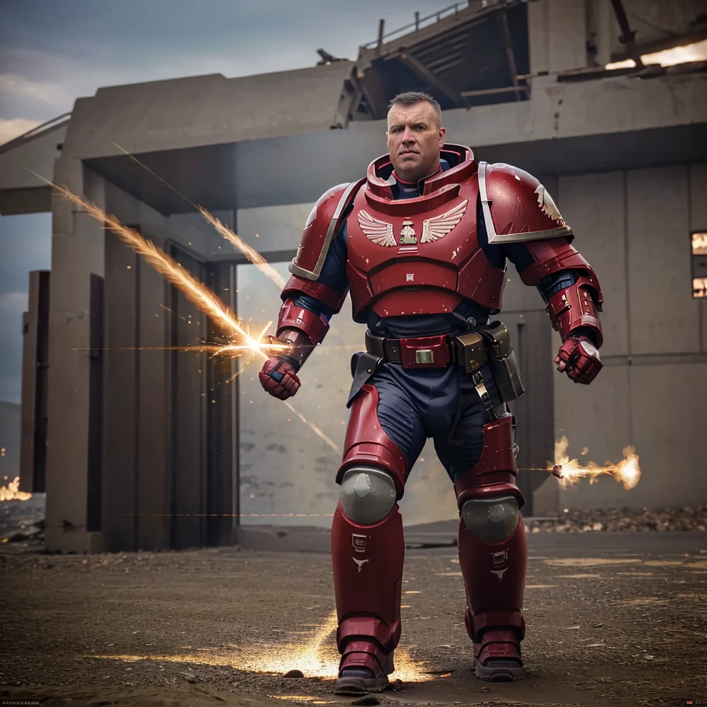 volumetric cinematic lighting, (highly detailed:1.4), digital render, smooth, sharp focus, full body 8k render, action shot, realistic reflections, cinematic composition, 
 calgar, solo, 1boy, middle aged man, military man, bionic eye, cape, ammunition belt, arm cannon, one glowing red eye, power fist, pauldron, iron halo, poised, 
jumping, clenched fist, ready to punch, fury, anger, 
 