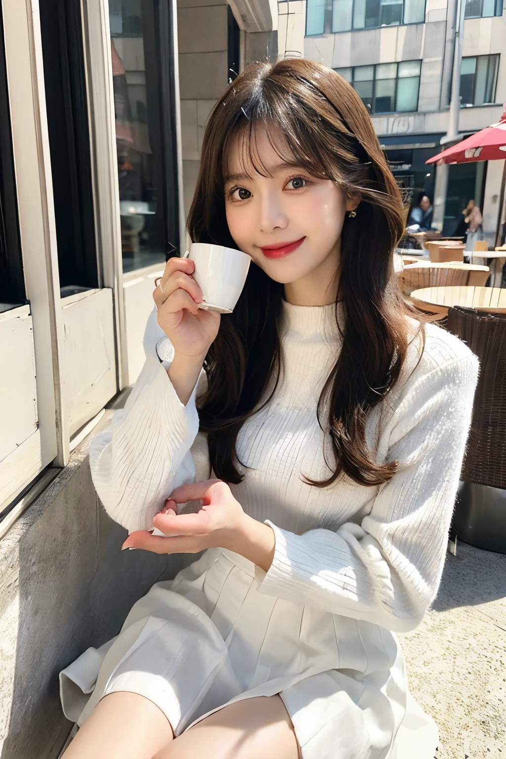 8k, Photo realistic,best quality, 1girl, long hair,(bang:1.2), ((make up)), white knit ,brown skirt, drinking coffee, cafe terrace, sitting, smiling, detailed background