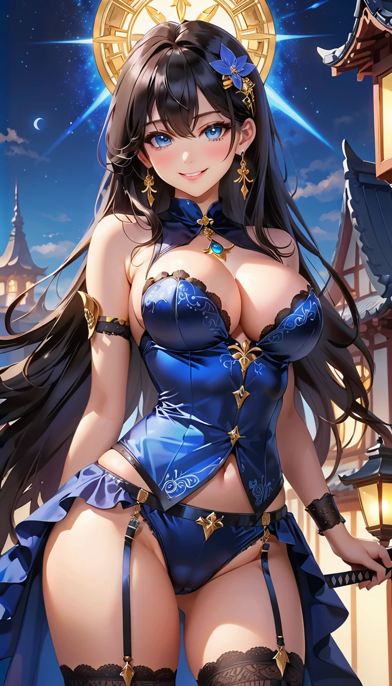 (Highest quality),(masterpiece), 8k,Very detailed, Detailed light, Best Shadow,Detailed reflective eyes, Beautiful Eyes, Very detailedな顔,Shiny Hair,sexy,Big Breasts,Charm,One person,Medium gloss,Black Hair,Inner hair color blue,blue eyes,Fantasy,Glass Art,Fantasy,Different world,garter belt,tights,jewelry,Earrings,Beautiful thighs,Beautiful Skin,Glowing Skin,Beautiful fingers,Beautiful hands,Five fingers,slender,smile,Blushing,Black costume,Kenhime,Sword in one hand,