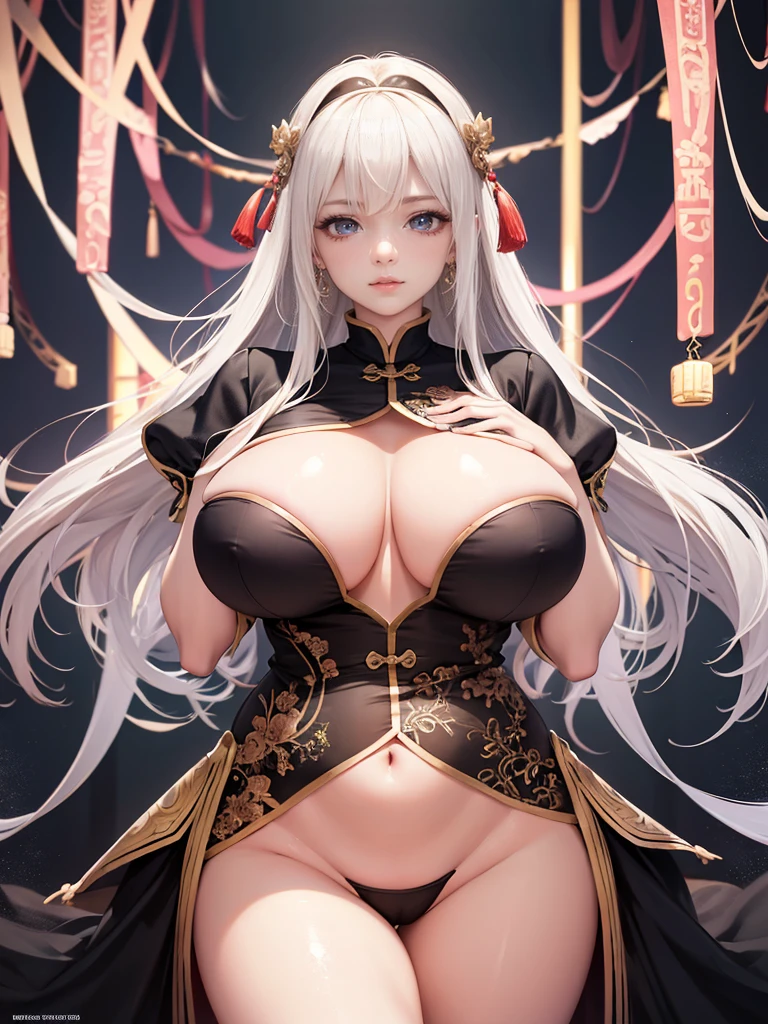 Highly detailed CG unit 8k wallpaper, masterpiece, High resolution, highest quality, highest quality real texture skin, Super Real, Digital Painting, Best image quality, 最High resolution, 8k, ((Highly detailed eyes and face)), 1girl, Beautiful eyes every detail, Full Body Shot, Saggy breasts, Gravity-dependent breasts, long chest, Heavy chest, disproportionate breasts, huge breasts, sagging breasts, gigantic breasts, erect nipple, Chinese style embroidery, china clothes,