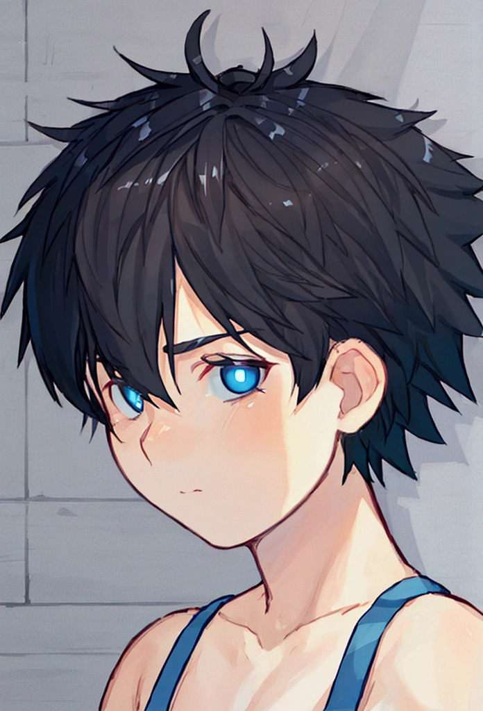 boy, short hairstyle, blue-black hair, blue eyes