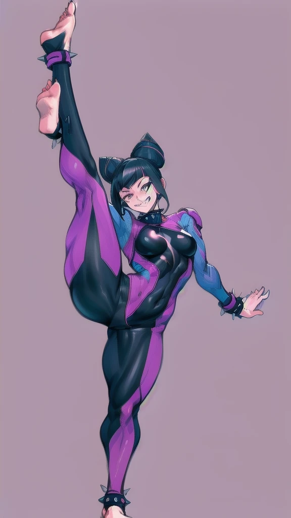 Full body image of Juri Han from Street Fighter 5, wearing her original outfit (black and purple bodysuit with spiked accents, barefoot with taped feet, and arm guards), short black hair styled in twin buns, female body, athletic and flexible body, dynamic pose, detailed pose, simple background, expressive face showing a mischievous grin, focus on face, line art, sketch
