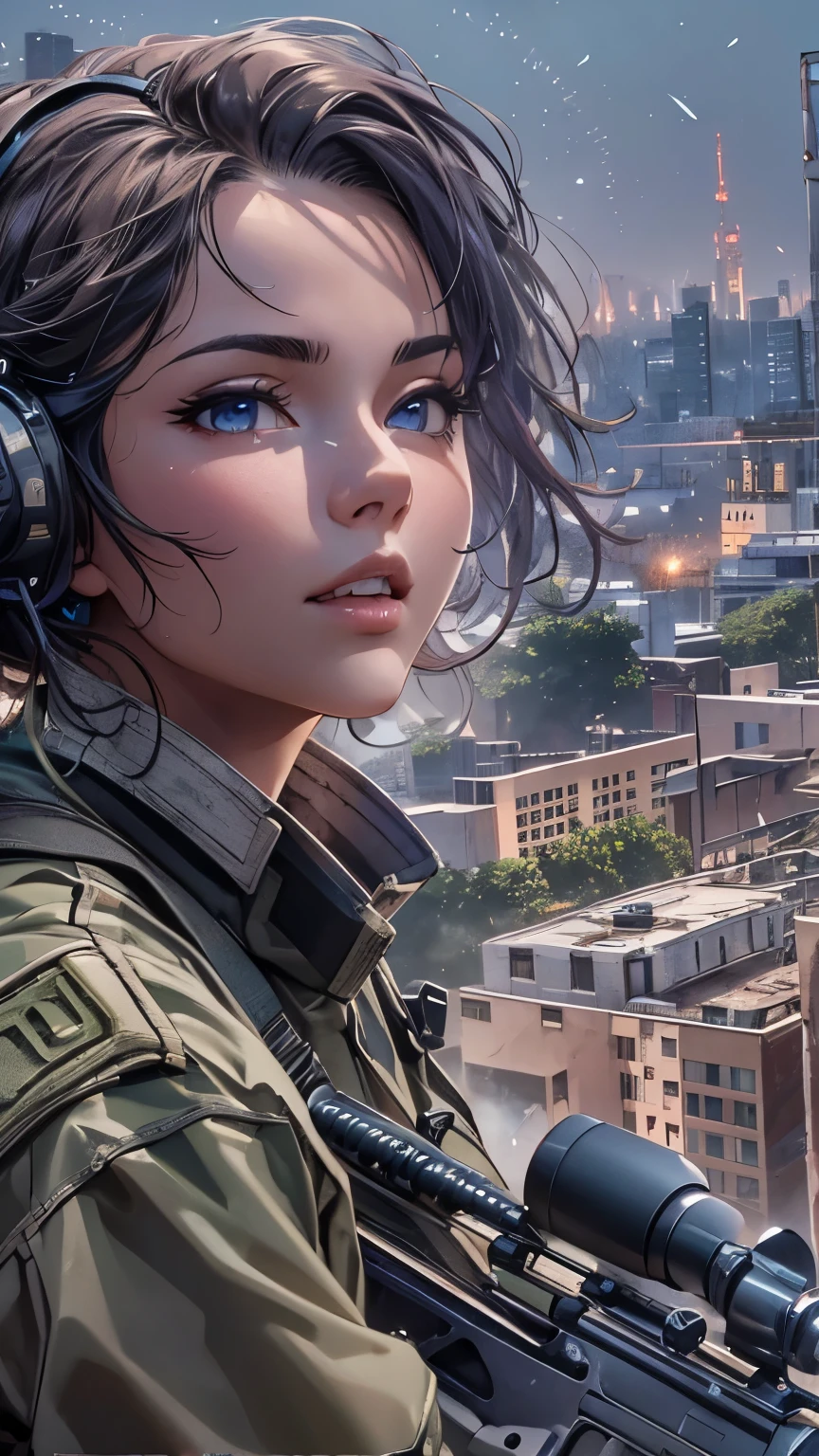 Highest quality, Highest quality, 16K, Unbelievably absurd, Very detailed, delicate and dynamic, Natural light, The particles reflect light, Diffuse reflection of light, Vortex of Light, war zone, bombs blasting around, dark outfield, ruined big city, roof top of ruined building, moon night, milky way, illumination, Create amazing image effects, Upper body close-up, (sole sexy girl, big Firm bust, , powerful, A professional sniper,, shooting a target with M16 auto rifle, swat uniform,)