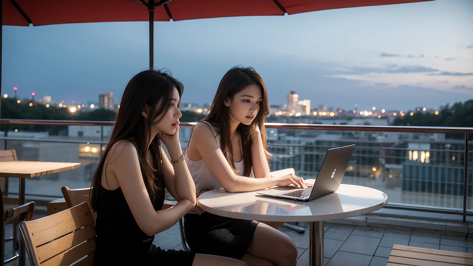 (masterpiece, best quality),Two women with different faces and hairstyles, different hair colors, different faces, long hair, letterboxed, perfection of fashion,chapped lips, casual attire, whole body, from the side,At a terrace cafe with a night view of the busy city, study at the table, My eyes are focused on the notes,laptop, together, stylish outfit,