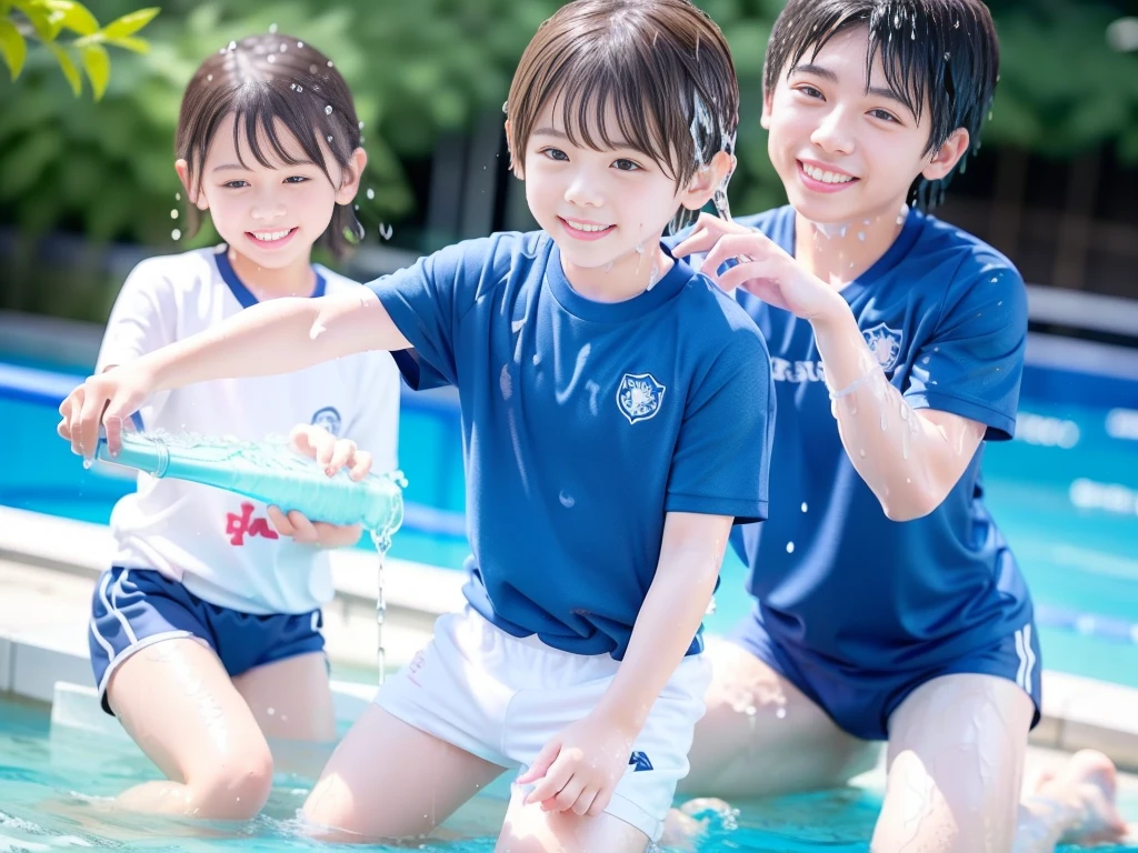 hot summer、、Summer swimming pool、It is sunny、Pouring water on each other、Boys' school、Get wet all over、Japan Boy、Glowing water splashes、Pool lessons、Boy playing in water、The happy boys、Strong sunlight、Short sleeve gym uniform、Blue shorts、barefoot，Boys only 、１０age、high resolution、masterpiece