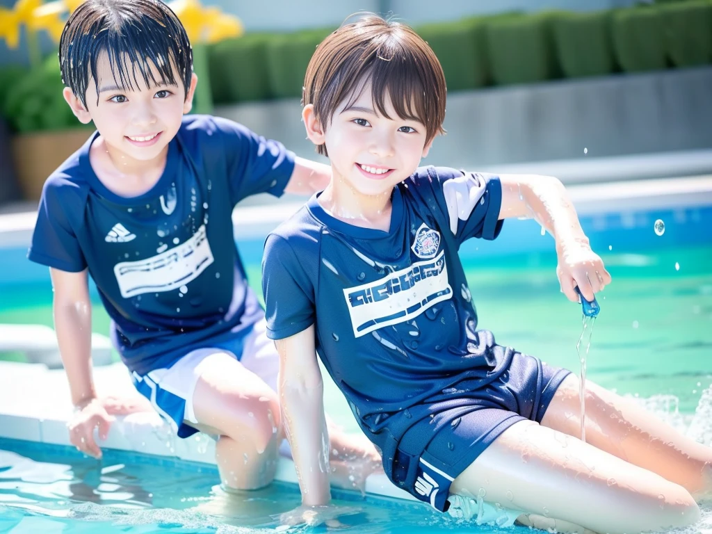 hot summer、primary school、Summer swimming pool、Pouring water on each other、Get wet all over、Japan Boy、Glowing water splashes、Pool lessons、Boy playing in water、The happy boys、Strong sunlight、Short sleeve gym uniform、Blue shorts、barefoot，Boys only 、１０age、high resolution、masterpiece