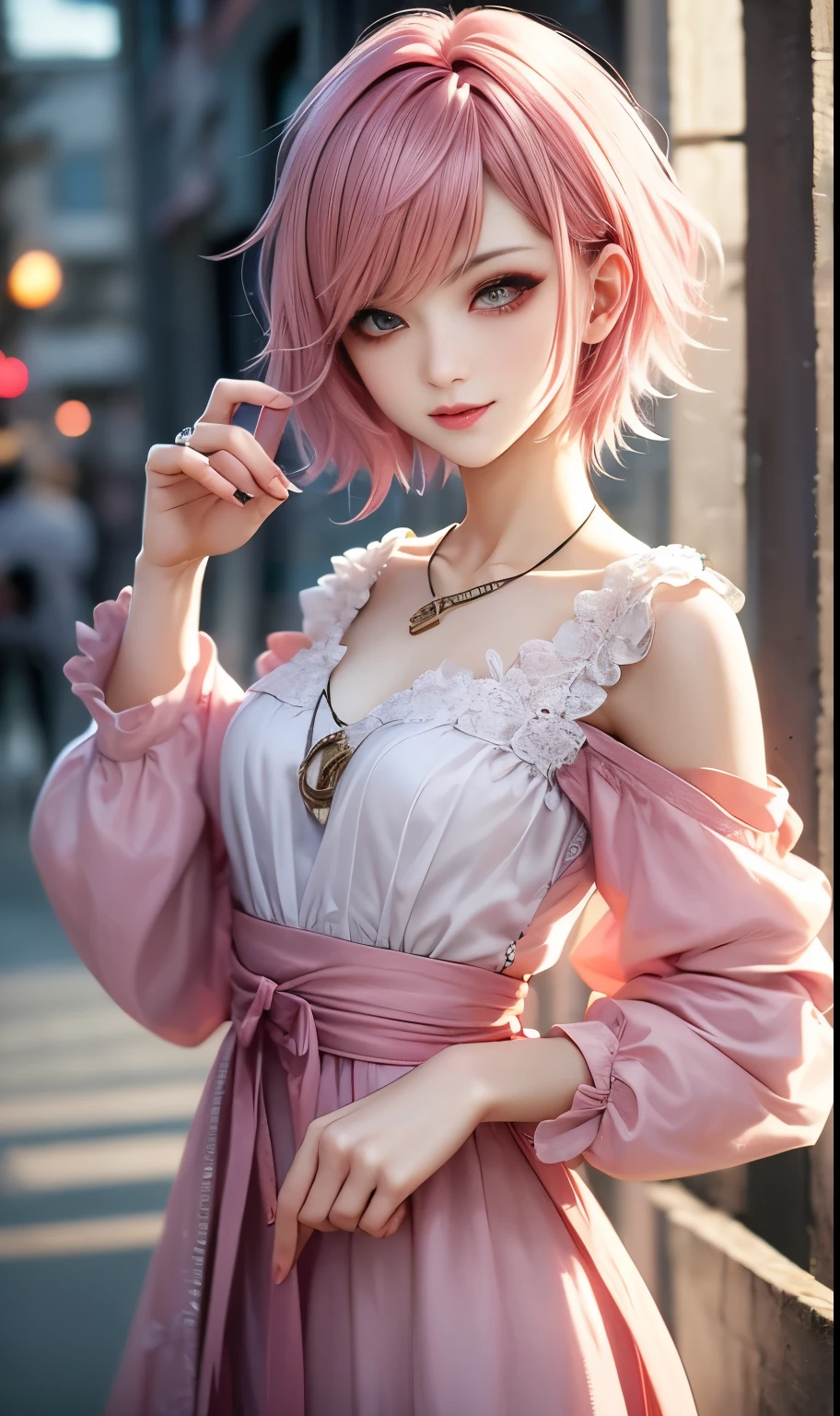 masterpiece, top-quality, ((1womanl)), Adults, different color, finely eye and detailed face, intricate detailes, Casual clothing, window, A smile, Happiness, tenderness, high-level image quality、 selfee, Beautuful Women、tall、The upper part of the body、nightfall, nighttime scene、𝓡𝓸𝓶𝓪𝓷𝓽𝓲𝓬、Korea person, Idol Photos, k pop, Professional Photos, Vampires, Korean fashion in black and white, Fedoman with necklace, inspired by Sim Sa-jeong, androgynous vampire, :9 detailed face: 8, extra detailed face, detailed punk hair, ((eyes are brown)) baggy eyes, Seductive. Highly detailed, semi realistic anime, Vampires, hyperrealistic teen, Delicate androgynous princess, imvu, ((short hair woman)), Pink hair woman with wild look, ((Woman with short pink hair)), ((1人))