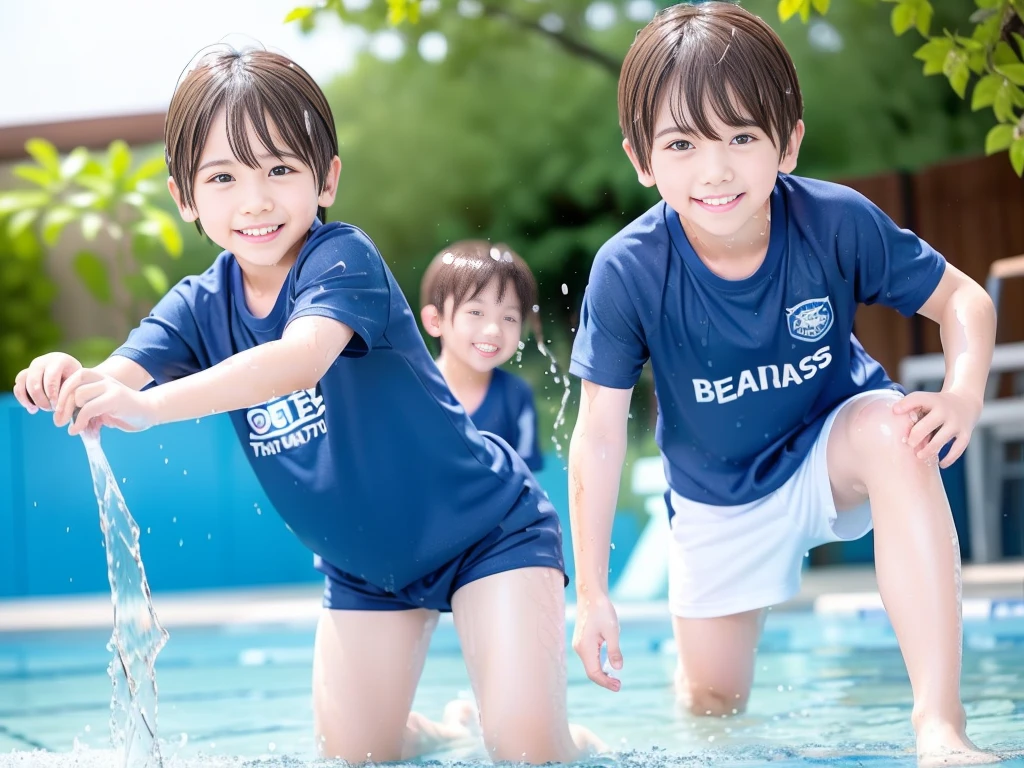 hot summer、、Summer swimming pool、Pouring water on each other、Get wet all over、Japan Boy、Glowing water splashes、Pool lessons、Boy playing in water、The happy boys、Strong sunlight、Short sleeve gym uniform、Blue shorts、barefoot,Boys only 、10age、high resolution、masterpiece