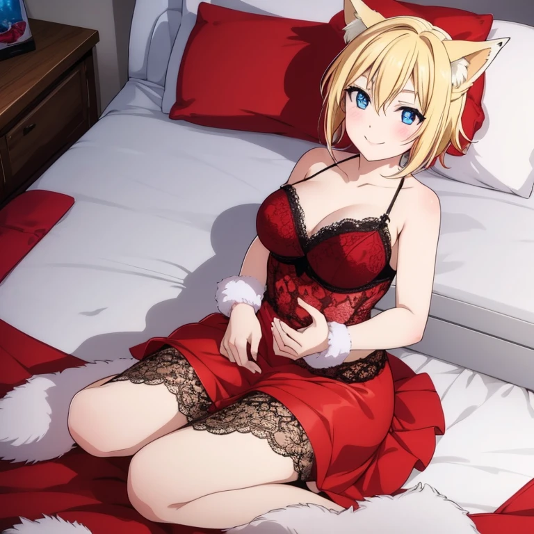 Fox ears, fox tail, blonde hair, short hair, blue eyes, red eyeshadow, red blush, res lips, smile, happy face, large breasts, lingerie, lace lingerie, on bed, bedroom, snow, night, looking at viewer,