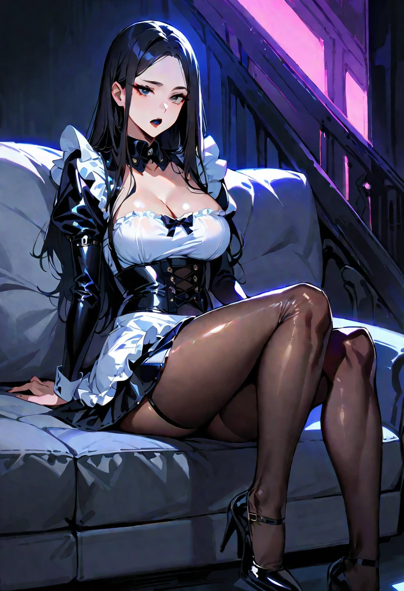 1 young woman,(Highest quality,Extremely detailed depiction,Incredibly absurd high resolution,Anatomically accurate depiction,Perfect body,Two curvaceous legs),(Glowing Skin,Shiny skin,Oilskin),(Black and white latex maid outfit,Maid Skirt,corset,black tights,High heels),eyelash,(Black Eyes,Light,Sleepy look,There is cleavage in the chest,black lipstick,Heavy makeup,eye shadow,mascara,eyeliner,sitting on the sofa with one&#39;s knees up),Sweat,(whole body),(background:Night room),Purple light,From below:1.3