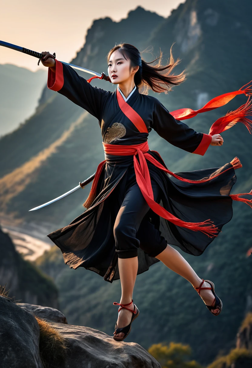 1girl Chinese warrior wearing ancient black royal regalia with long scarf and long ribbons(long ribbon:1.2)flowing(flowing:1.5) and jumping at the edge of the clift, epic swinging-sword stance, martial arts epic pose, look up to the sky(look up:1.0)one leg in front of other leg, pointing(pointing to sky:1.5)long sword(sword:1.0)in the right hand, banner(banner:1.0)in the left hand, mountains scenery(scenery:0.8), a bunch of ancient soldiers seem from a far, epic realism, dramatic scene, super detailed, best quality wallpaper, 8k, sharp focus on 1girl, sunset color back ground, DSLR photoshot, realistic