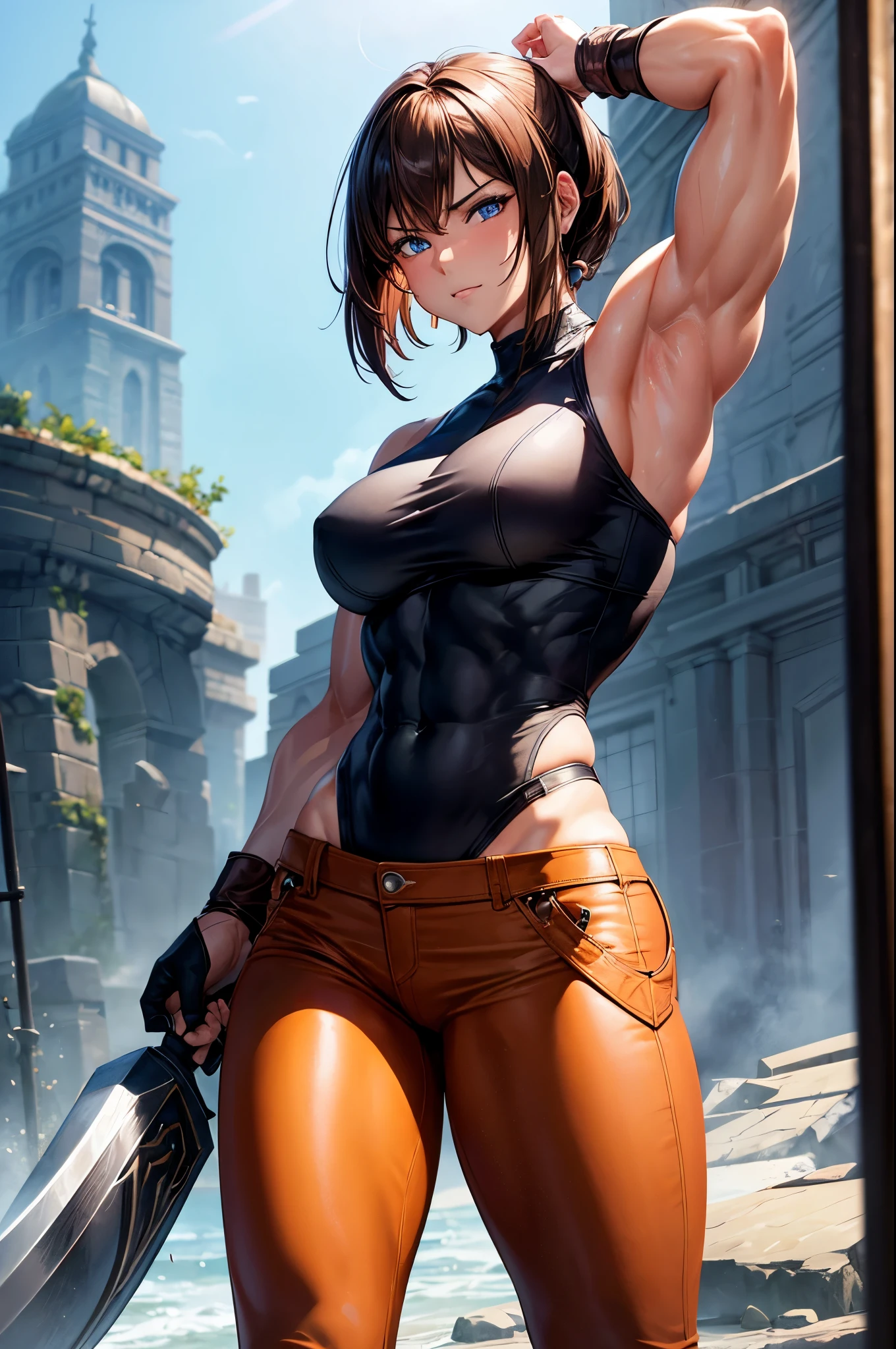 Realistic, 8k,ファンタジーのアラフェッドは茶色の胸鎧を着たGerman Womanの写真のPauseをとる,Super muscular body, Women with fearless features(Lifelike face), Super muscular and macho woman, Brown-haired Helly Shorthair, Super muscular macho man in brown pants and protectors,masterpiece、8k resolution、Fantasy art、Ultra-high resolution,,Mr..々Pause,charm,sexy,Rich colors, Backlight, Cinema Lighting, Film Grain, to be born, 50mm lens, Nikon D850,German Woman,Blue Eyes,Strong and thick muscles,ダイナミックなファイティングPause,Dynamic Angles,Uplifting,Like a female bodybuilder,Carry a large battle axe on your shoulder,In front of the ruins,