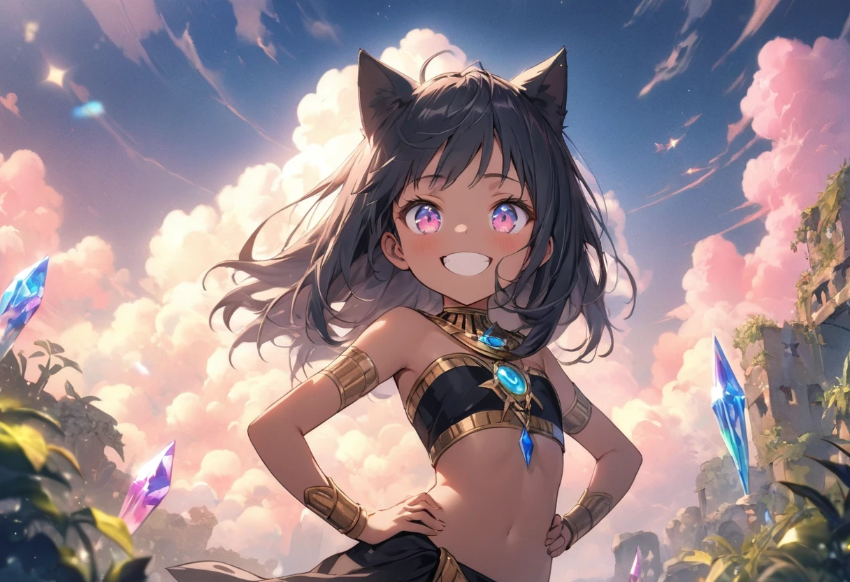 ((Masterpiece)), ((best quality)), (super detail:1.2),(High Definition:1.3), (Professional Photography:1.2), (very aesthetic:1.2), (absurdres:1.2), (depth of field), cinematic lighting, (sharp focus), (perfect light), (()), (1girl), Very pretty Egyptian girl, smiling, cute eyes, (put on cat ears), trival tubetop, cool pose, crystal Ornaments, light particles, (trival long loincloth), dark skin, worried girl, cute world, really happy, ancient ruined overgrown, exposed naked stomach, place hands on hips, (long eyelashes), ((baggy eyes)), colorful eyes, round eyes, Large Cumulonimbus Clouds, pastel colors clouds, kawaii, cute colors,