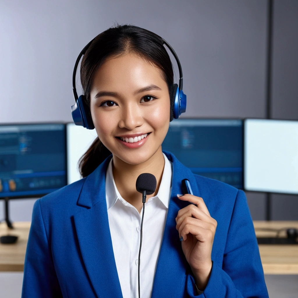 
Photography image of an Indonesian female customer service person wearing a black wireless earphone mic, wearing a blue long jacket. Radiant face, smile, charismatic. Background view in a spacious studio, several monitor screens. Realistic, ultra hd 24k.