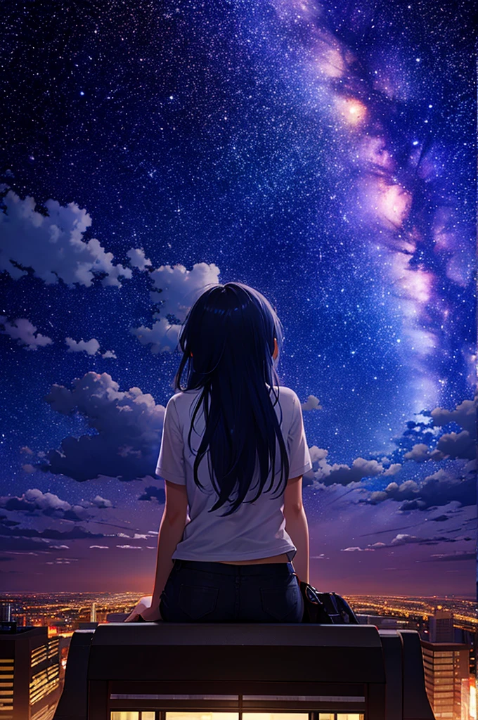 octans, sky, star (sky), scenery, starry sky, night, 1girl, night sky, solo, outdoors, building, cloud, milky way, sitting, tree, long hair, city, silhouette, cityscape