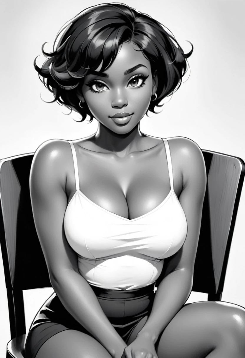 Black and white drawing of a black woman. The woman is sitting on a chair, is very beautiful, has short hair and large breasts. She looks into the camera, and makes a sign to come closer with her right hand.