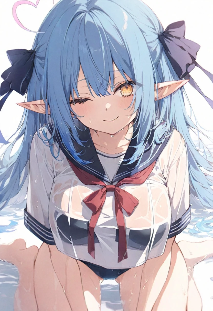 (muste piece), (best quality), (score_9, score_8_up, score_7_up), very detailed eyes, expressive eyes, perfect face, very detailed face, highly detailed face, beautiful girl, 8K, beautiful girl, white background, delicate and beautiful face and eyes, dark intense shadow, 
1 girl, vtuber style, cool girl, hololive,  Yukihana Lamy, Elf ears, blue hair, heart ahoge, school swimsuit, Unbuttoned serafuku, messy serafuku, big chest, cropped shoulders, clavicle, wet body, wet hair, one eye close winking, smile, body visible through clothes, chest visible through clothes, ass visible through thighs, (full body), barefoot, naked thighs, sitting, open legs wide,