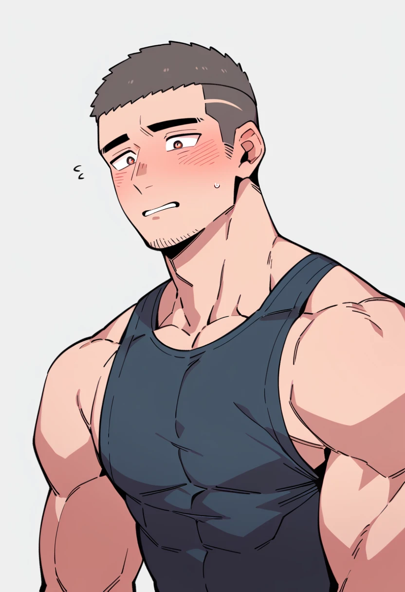 anime characters:Priapus, Muscle Sports Student, Buzz Cut, Manliness, male focus, Sports tight hooded sweatshirt, Very tight, full and perky chest muscles, muscular male, muscular, only, Upper body, alone, Black short hair, Thick eyebrows, stubble, Brown-red pupils, White background, simple background, amazing quality, best aesthetics, Ridiculous, crew cut, parted lips, flustered, endured face, shy, blush, negative space, best quality