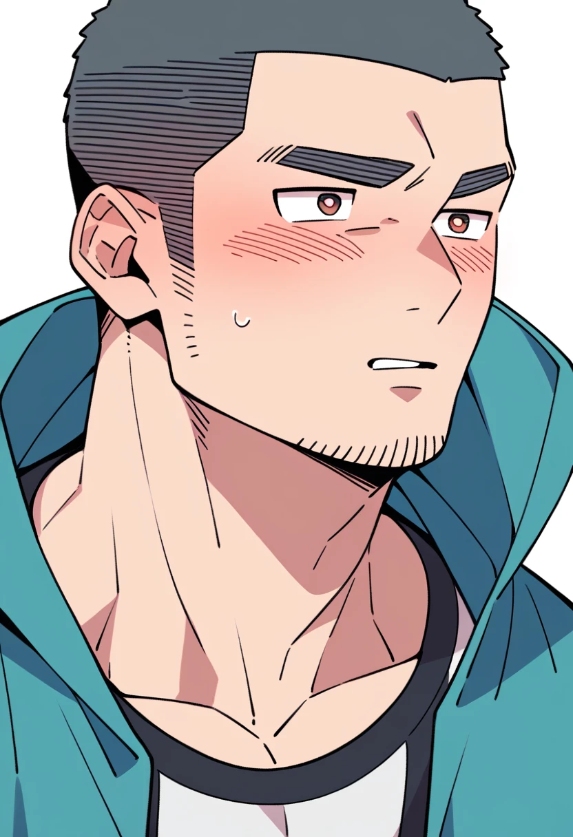 anime characters:Priapus, Muscle Sports Student, Buzz Cut, Manliness, male focus, Sports tight hooded sweatshirt, Very tight, full and perky chest muscles, muscular male, muscular, only, Upper body, alone, Black short hair, Thick eyebrows, stubble, Brown-red pupils, White background, simple background, amazing quality, best aesthetics, Ridiculous, crew cut, parted lips, flustered, endured face, shy, blush, negative space, best quality