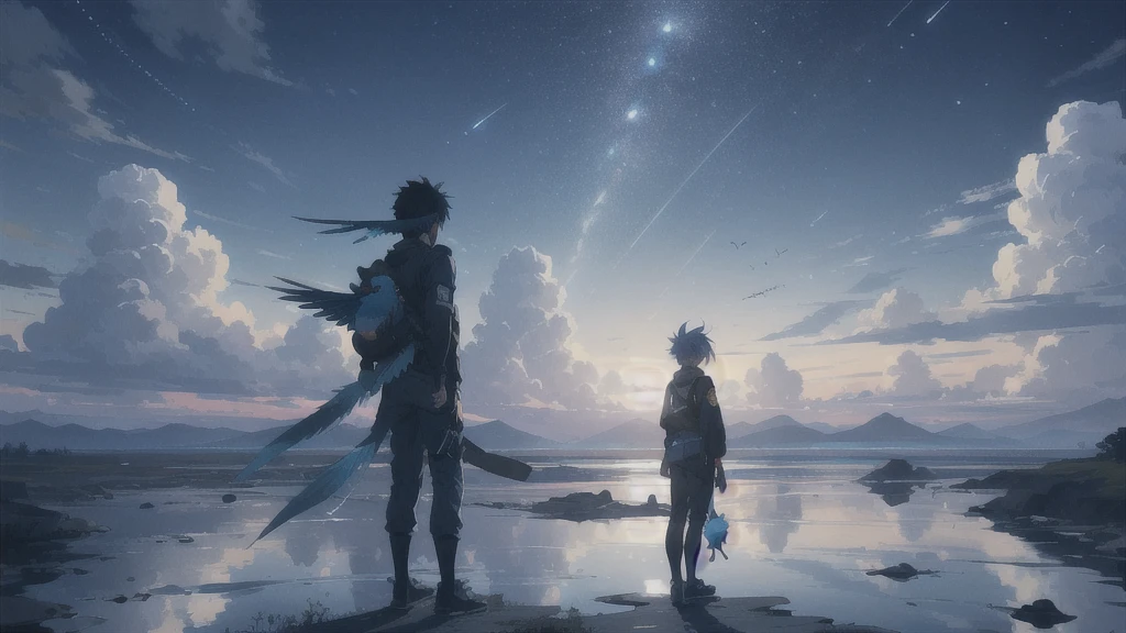 真っ暗なnight空,Octane, star (null), scenery, Blue parakeet,The acoustic guitar is in front of the body.,star, night, A girl and a boy standing back to back, Back view, alone, Outdoor, city,river,Blue parakeet,building, cloud, 天のriver,silhouette