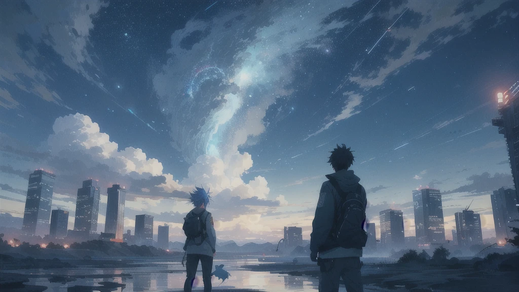 真っ暗なnight空,Octane, star (null), scenery, Blue parakeet,The acoustic guitar is in front of the body.,star, night, A girl and a boy standing back to back, Back view, alone, Outdoor, city,river,Blue parakeet,building, cloud, 天のriver,silhouette