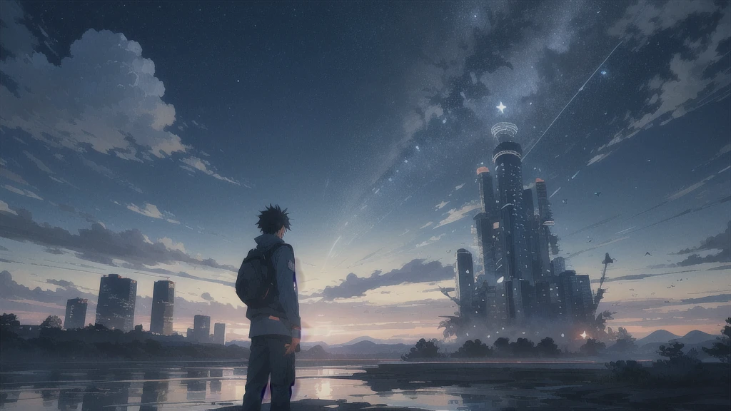 真っ暗なnight空,Octane, star (null), scenery, Blue parakeet,The acoustic guitar is in front of the body.,star, night, A girl and a boy standing back to back, Back view, alone, Outdoor, city,river,Blue parakeet,building, cloud, 天のriver,silhouette