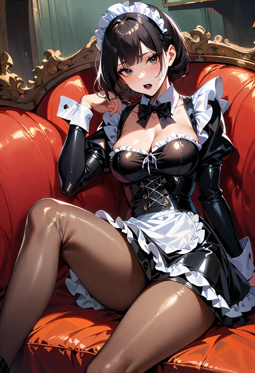 1 young woman,(Highest quality,Extremely detailed depiction,Incredibly absurd high resolution,Anatomically accurate depiction,Perfect body,Two curvaceous legs),(Glowing Skin,Shiny skin,Oilskin),(Black and white latex maid outfit,Maid Skirt,corset,black tights,High heels),eyelash,(Black Eyes,Light,Sleepy look,There is cleavage in the chest,black lipstick,Heavy makeup,eye shadow,mascara,eyeliner,sitting on the sofa with one&#39;s knees up),Sweat,(whole body),(background:Night room),Purple light,From below:1.3