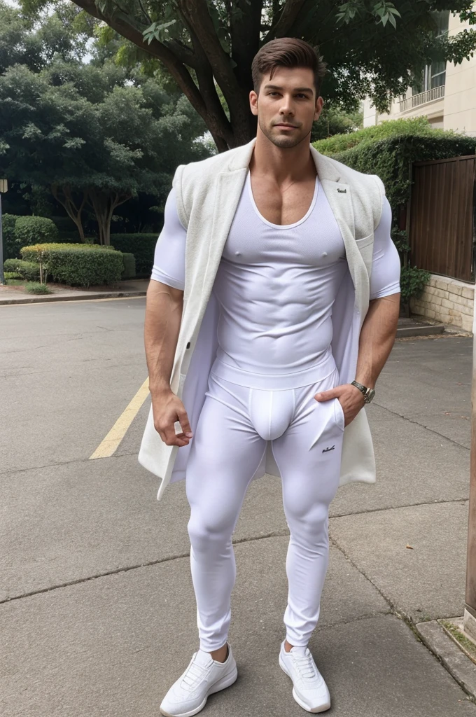 A man in white undervest and were trunk underwear full body photo