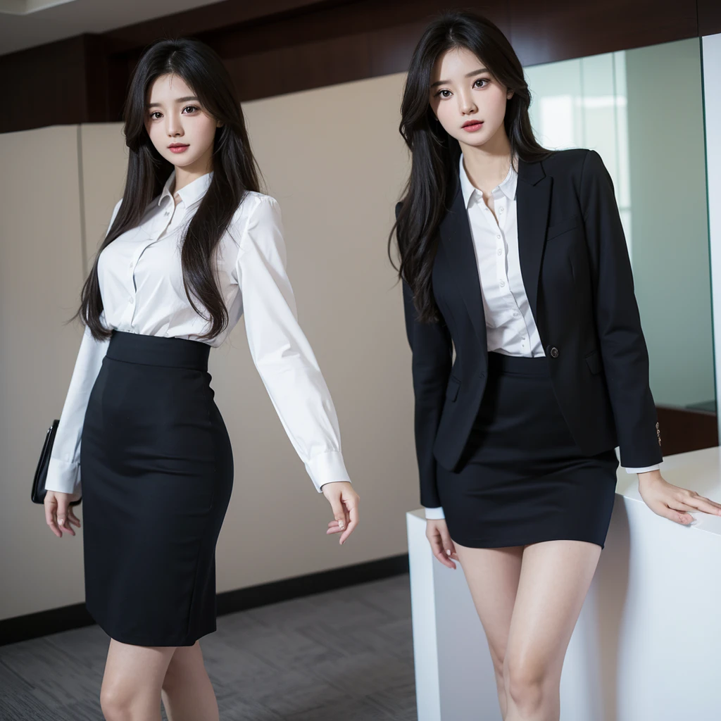 Beauty、BeautyOL、Detailed face、Realistic、beautiful girl、Beauty、Office Lady Uniform、beauty、Beautiful woman、Narrow waist、Handsome woman、Tight skirt look、suit、Sexy pose、mini skirt