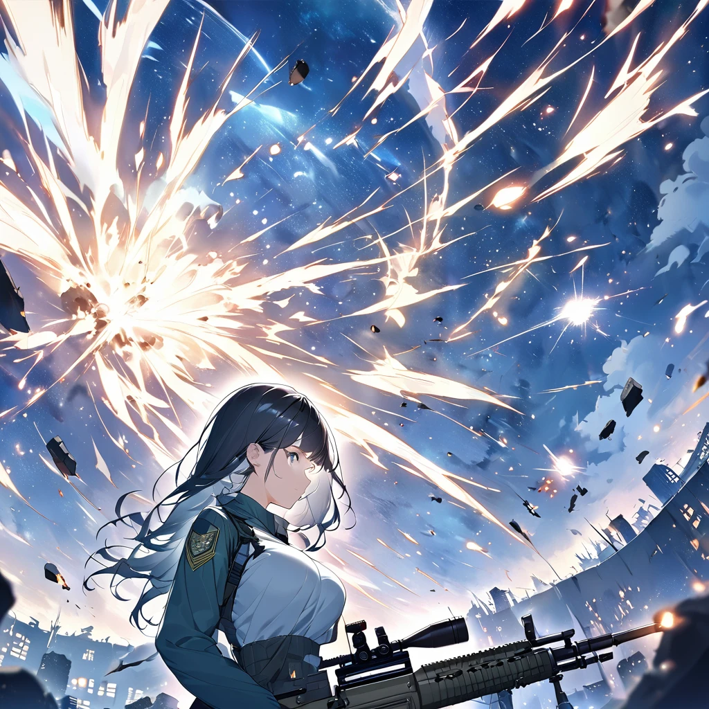 best quality, best quality, 16K, Unbelievably ridiculous, Very detailed, Delicate and dynamic, Natural light, Particles reflect light, Diffuse reflection of light, Vortex of light, War Zone, Bombs are exploding everywhere, Dark outfield, Big cities destroyed, Roof of a destroyed building, Moonlit Night, Milky Way, illumination, Create stunning image effects, Upper body close-up, (Only sexy girl, Large bust, , powerful, Professional Sniper,, Shoot the target with the M16 automatic rifle, ,)
