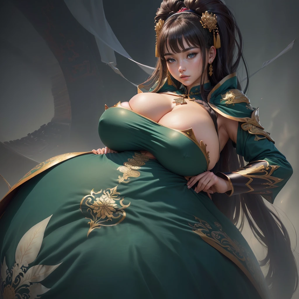 Highly detailed CG unit 8k wallpaper, masterpiece, High resolution, highest quality, highest quality real texture skin, Super Real, Digital Painting, Best image quality, 最High resolution, 8k, ((Highly detailed eyes and face)), 1girl, Beautiful eyes every detail, Full Body Shot, ((Saggy breasts, Gravity-dependent breasts, long chest, Heavy chest, disproportionate breasts, huge breasts, sagging breasts, gigantic breasts, erect nipple)), Chinese style embroidery, china clothes,