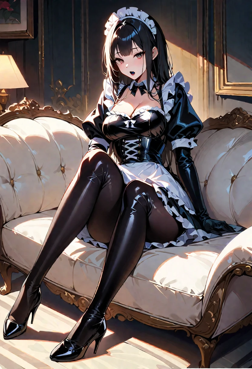 1 young woman,(Highest quality,Extremely detailed depiction,Incredibly absurd high resolution,Anatomically accurate depiction,Perfect body,Two curvaceous legs),(Glowing Skin,Shiny skin,Oilskin),(Black and white latex maid outfit,Maid Skirt,corset,black tights,High heels),eyelash,(Black Eyes,Light,Sleepy look,There is cleavage in the chest,black lipstick,Heavy makeup,eye shadow,mascara,eyeliner,sitting on the sofa with one&#39;s knees up),Sweat,(whole body),(background:Night room),Purple light,From below:1.3