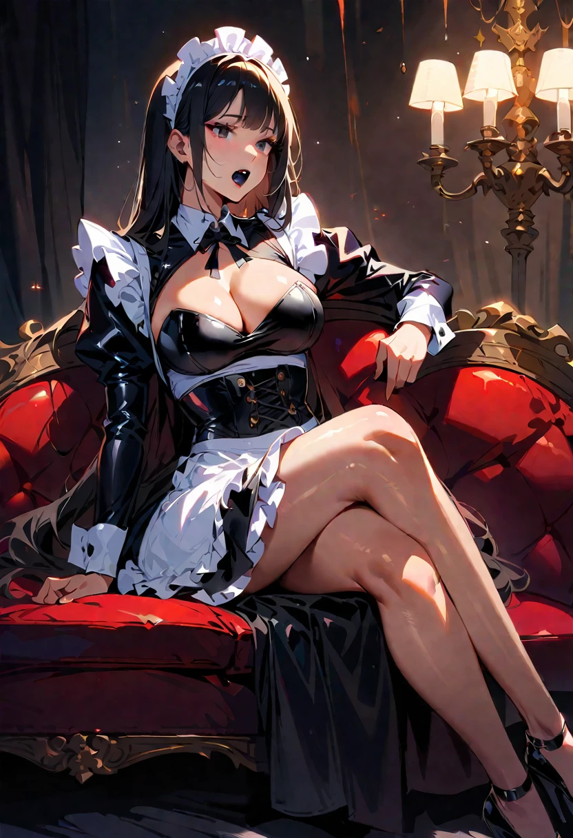 1 young woman,(Highest quality,Extremely detailed depiction,Incredibly absurd high resolution,Anatomically accurate depiction,Perfect body,Two curvaceous legs),(Glowing Skin,Shiny skin,Oilskin),(Black and white latex maid outfit,Maid Skirt,corset,black tights,High heels),eyelash,(Black Eyes,Light,Sleepy look,There is cleavage in the chest,Glossy black lipstick,Heavy makeup,Open your mouth a little,sitting on the sofa with one&#39;s knees up),Sweat,(whole body),(background:Night room),Purple light,From below:1.3