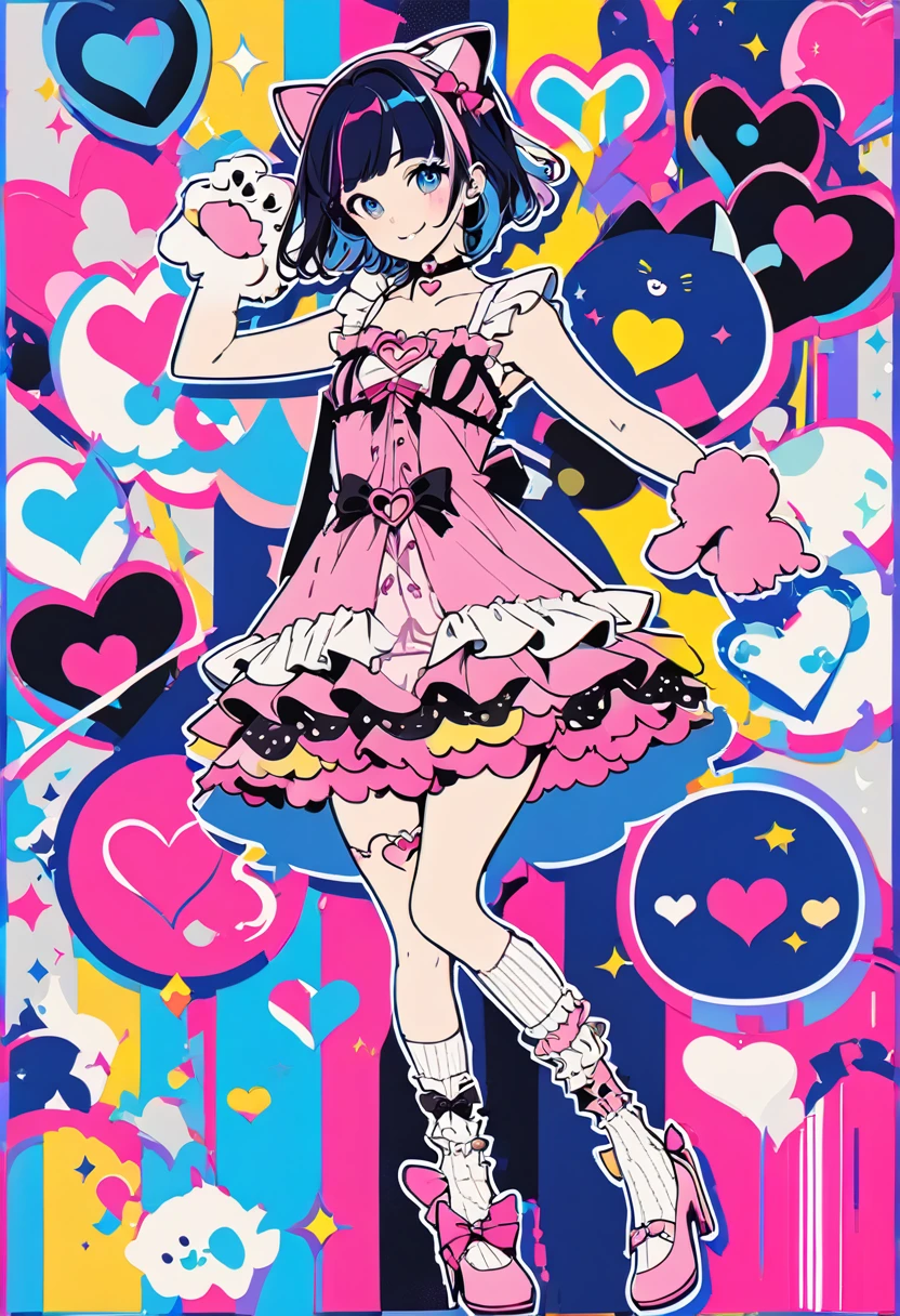 (masterpiece, best quality:1.1),popart style,flat color,(1girl,japanese,tween,cat-ear headband,((Paw shaped Gloves)),claw pose,BREAK (darkblue hair,wavy-short hair),parallel eyebrows,eyes with large irises, fresh lips, very happy, BREAK (walking on rainbow over the night sky),
rainbow fireworks collage art,
various fireworks symbols,
(blue outline),
cmyk palette, fantasy art,
BREAK (wearing pink babydoll fashion,heart belt choker blouse,ruffle skirt,millefeuille lace high-socks,pumps),