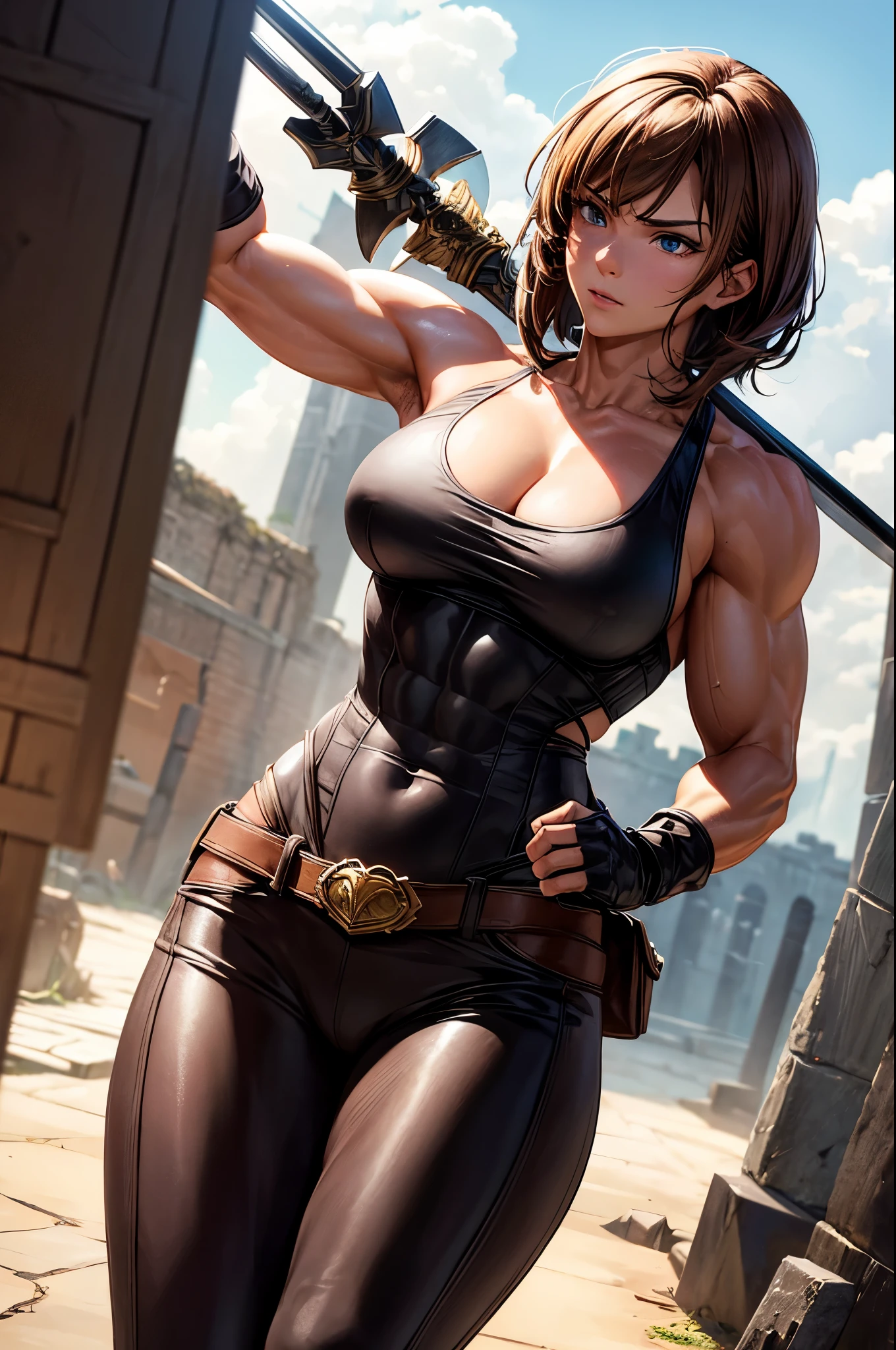 Realistic, 8k,ファンタジーのアラフェッドは茶色の胸鎧を着たGerman Womanの写真のPauseをとる,Super muscular body, Women with fearless features(Lifelike face), Super muscular and macho woman, Brown-haired Helly Shorthair, Super muscular macho man in brown pants and protectors,masterpiece、8k resolution、Fantasy art、Ultra-high resolution,,Mr..々Pause,charm,sexy,Rich colors, Backlight, Cinema Lighting, Film Grain, to be born, 50mm lens, Nikon D850,German Woman,Blue Eyes,Strong and thick muscles,ダイナミックなファイティングPause,Dynamic Angles,Uplifting,Like a female bodybuilder,Carry a large battle axe on your shoulder,In front of the ruins,
