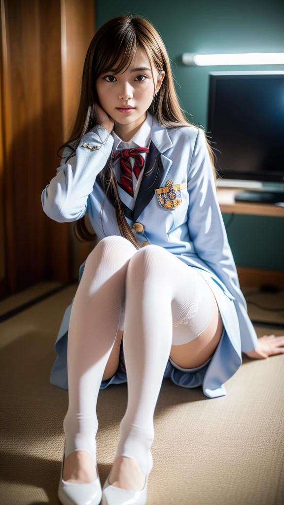 Urzan-6500-v1.1, (RAW Photos:1.2), (Realistic:1.4), Beautiful detailed girl, Very detailed eyes and face, Beautiful attention to detail, Ridiculous, incredibly Ridiculous, Large file size, Very detailedな, High resolution, Very detailed, Highest quality, masterpiece, Kemomimi, ((Japanese high school girls uniform)), figure, Very detailed, CG, Unified, 8k wallpaper, wonderful, Fine details, masterpiece, Highest quality, Very detailed CG uniform 8k wallpaper, Light on the face, Cinema Lighting, One girl, , ((No pants)), ((Dynamic pose))), (Camel Toe), (half), (pantyhose), (Sit with your knees bent and your legs bent))