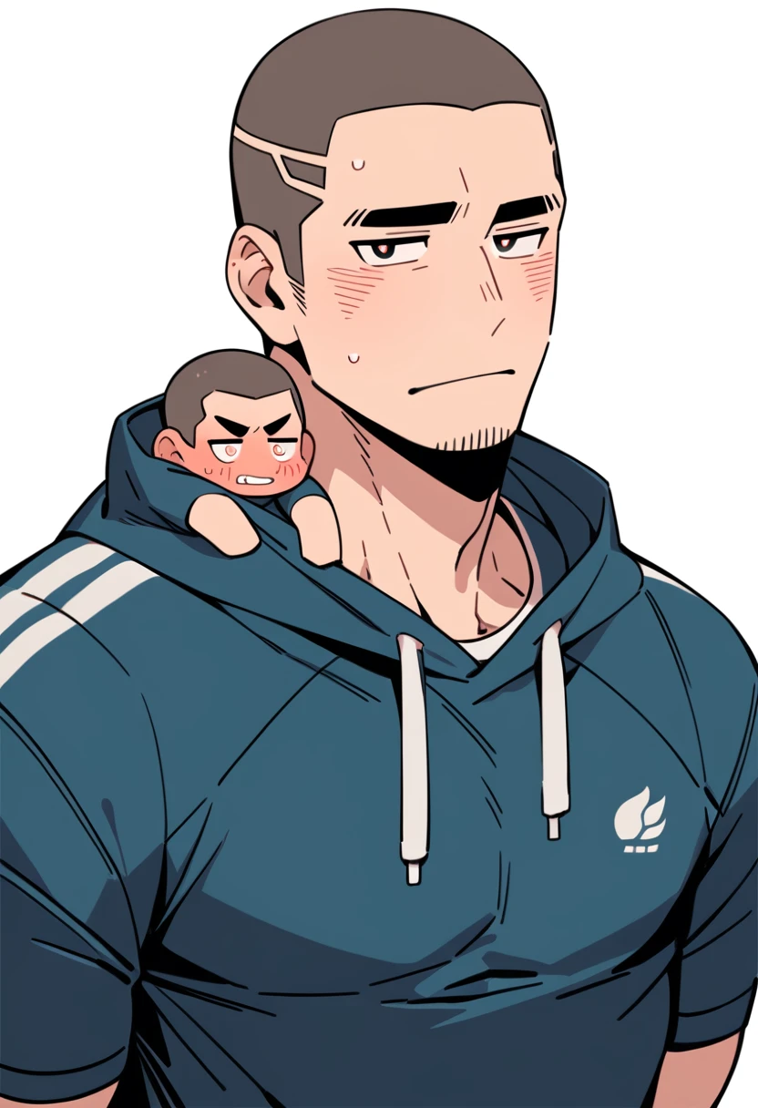 anime characters:Priapus, Muscle Sports Student, Buzz Cut, Manliness, male focus, Sports tight hooded sweatshirt, Very tight, full and perky chest muscles, muscular male, muscular, only, Upper body, alone, Black short hair, Thick eyebrows, stubble, Brown-red pupils, White background, simple background, amazing quality, best aesthetics, Ridiculous, crew cut, blush, Biting a pair of white panties, embarrassed, shy, endured face, negative space, best quality
