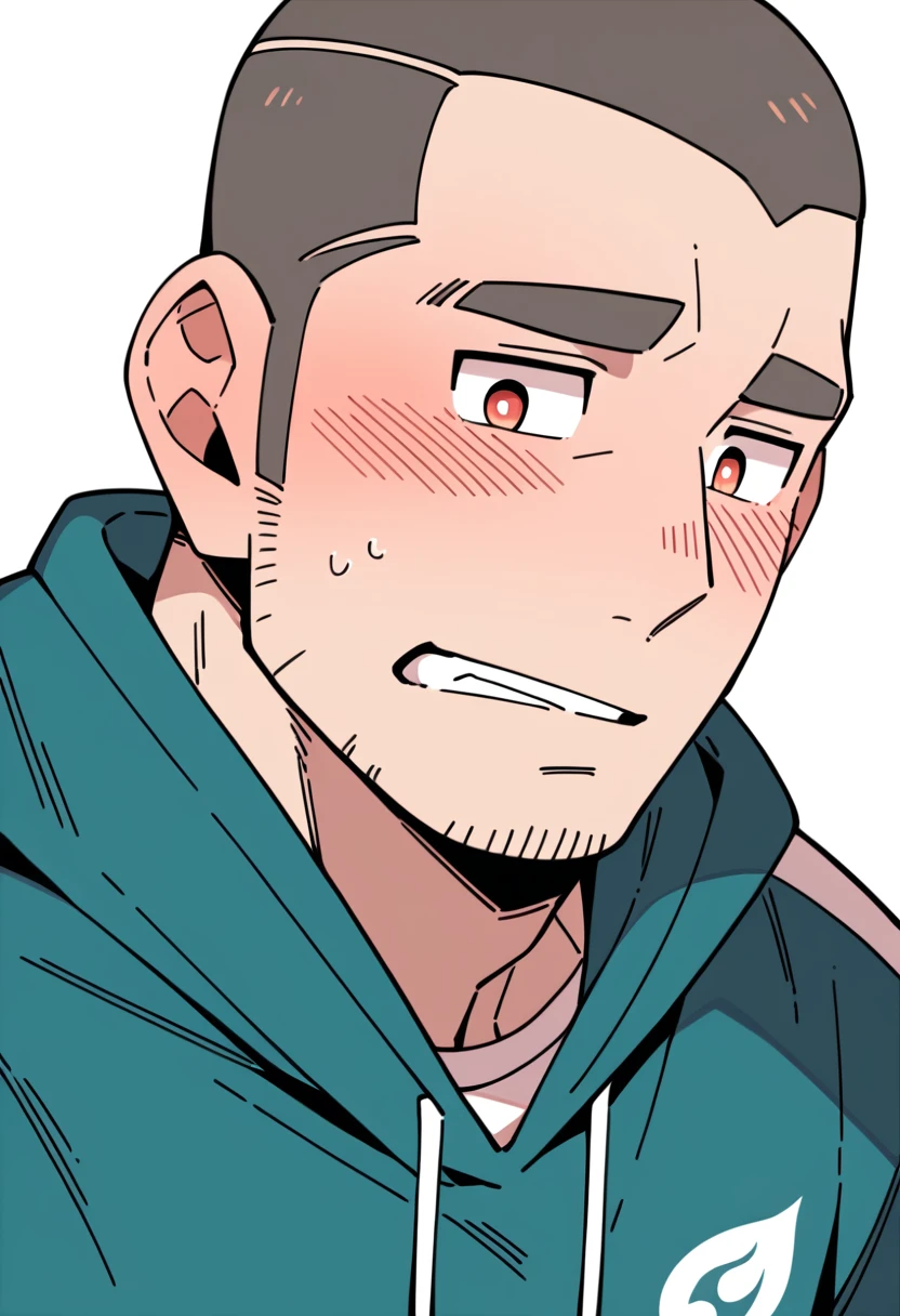 anime characters:Priapus, Muscle Sports Student, Buzz Cut, Manliness, male focus, Sports tight hooded sweatshirt, Very tight, full and perky chest muscles, muscular male, muscular, only, Upper body, alone, Black short hair, Thick eyebrows, stubble, Brown-red pupils, White background, simple background, amazing quality, best aesthetics, Ridiculous, crew cut, blush, Biting a pair of white panties, embarrassed, shy, endured face, negative space, best quality