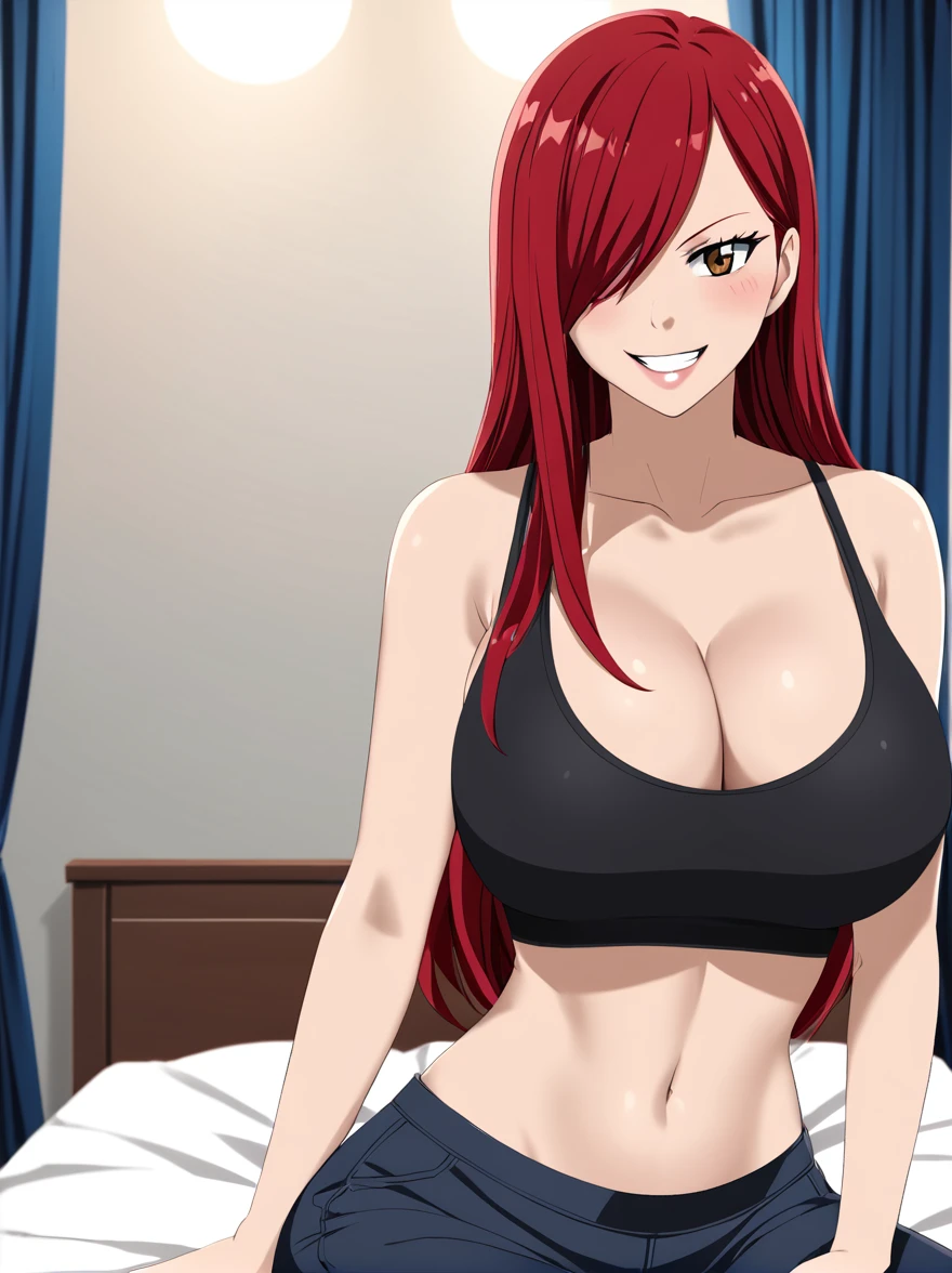 Erza, red hair, navel, crop top, , tank top, collarbone, 1girl, bare shoulders, midriff,cleavage, hair over one eye, large breasts, underwear, long hair,animerza, looking at viewer, grin, brown eyes ,masterpiece, best quality, room, big breasts, cleavage, seductive smile,blush,