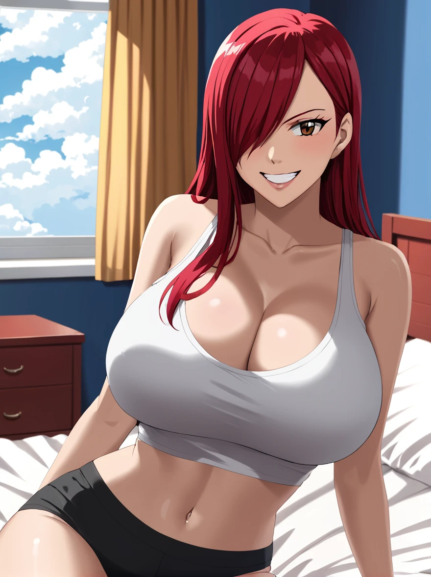 Erza, red hair, navel, crop top, , tank top, collarbone, 1girl, bare shoulders, midriff,cleavage, hair over one eye, large breasts, underwear, long hair,animerza, looking at viewer, grin, brown eyes ,masterpiece, best quality, room, big breasts, cleavage, seductive smile,blush,