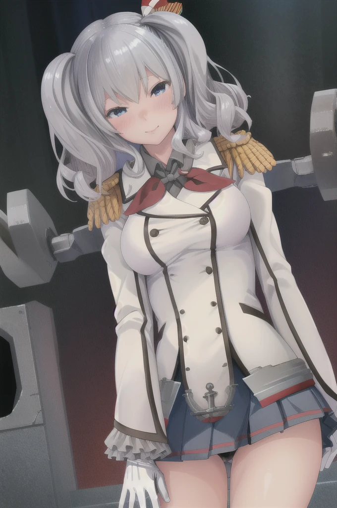 highest quality, masterpiece, High resolution, alone,  1 girl, show panties, KashimaOG, kashima \(kancolle\), beret, epaulettes, red neckerchief, frilled sleeves, long sleeves, military uniform, (white gloves) miniskirt, pleated skirt, anchor,