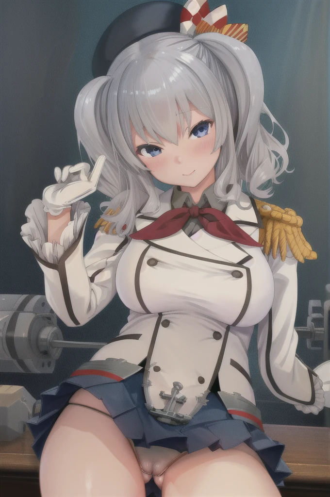 highest quality, masterpiece, High resolution, alone, 1 girl, show panties, KashimaOG, kashima \(kancolle\), beret, epaulettes, red neckerchief, frilled sleeves, long sleeves, military uniform, (white gloves) miniskirt, pleated skirt, anchor,