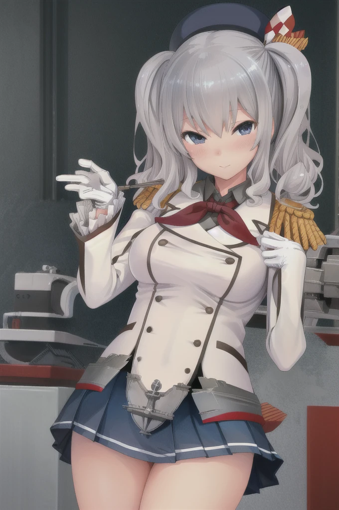 highest quality, masterpiece, High resolution, alone, 1 girl, show panties, KashimaOG, kashima \(kancolle\), beret, epaulettes, red neckerchief, frilled sleeves, long sleeves, military uniform, (white gloves) miniskirt, pleated skirt, anchor,