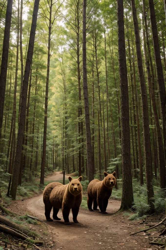 a forest, there are 2 rabbits and a bear