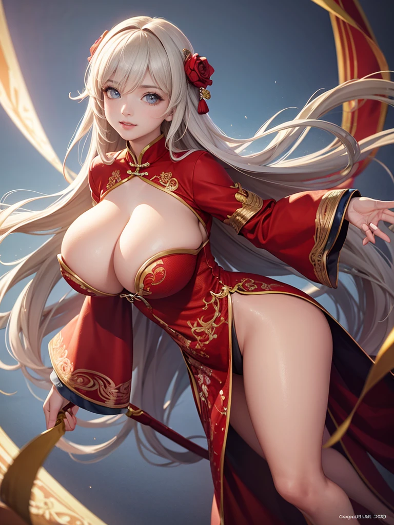 Highly detailed CG unit 8k wallpaper, masterpiece, High resolution, highest quality, highest quality real texture skin, Super Real, Digital Painting, Best image quality, 最High resolution, 8k, ((Highly detailed eyes and face)), 1girl, Beautiful eyes every detail, Full Body Shot, Saggy breasts, Gravity-dependent breasts, long chest, Heavy chest, disproportionate breasts, huge breasts, sagging breasts, gigantic breasts, erect nipple, Chinese style embroidery, china clothes, smile,
