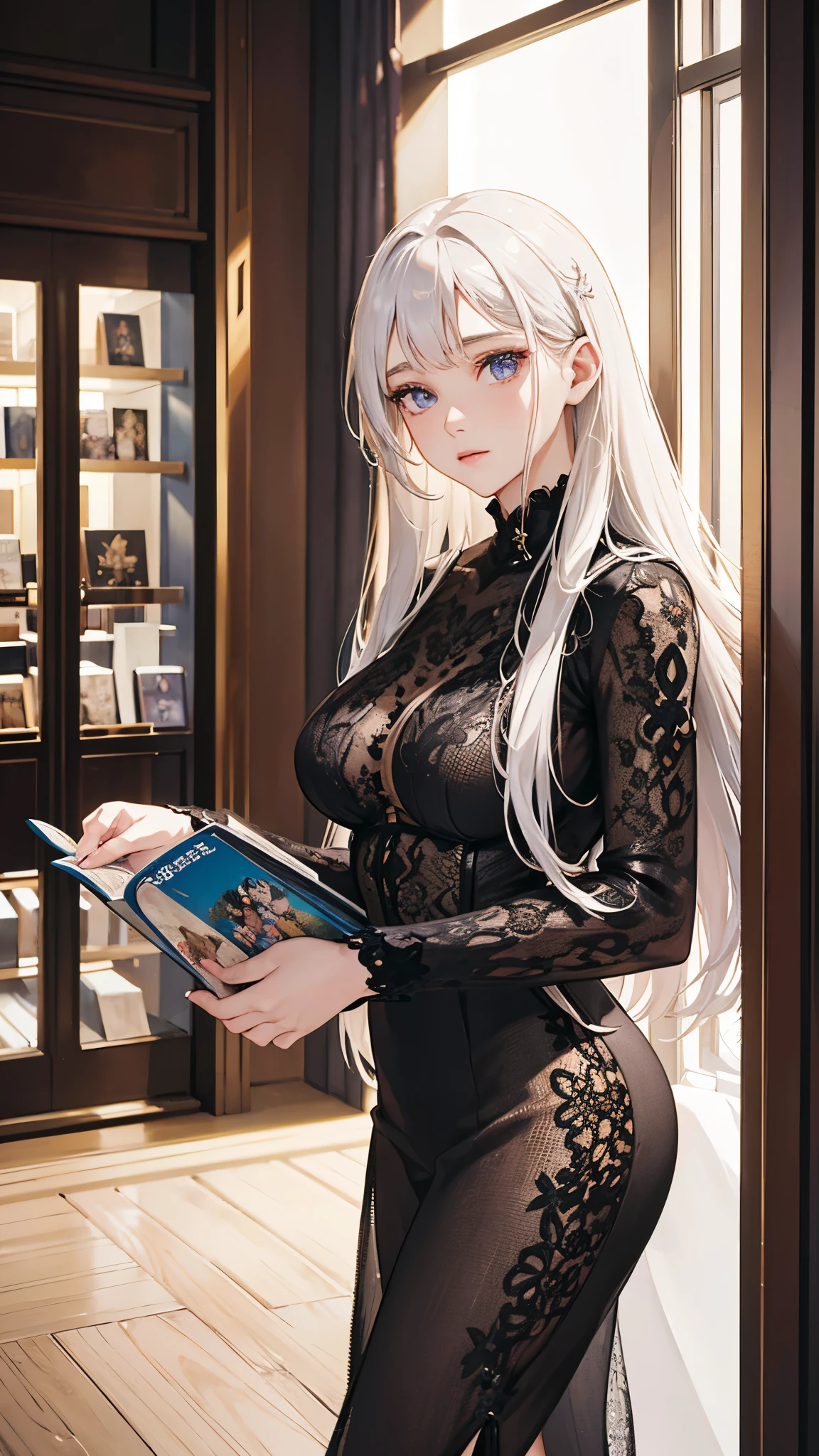 A beautiful girl with white hair and violet eyes standing in a bookstore magazine section, holding a magazine and flipping through the pages with great interest, her lovely figure illuminated by the soft lighting of the store as nearby customers glance at her, (best quality,4k,8k,highres,masterpiece:1.2),ultra-detailed,(realistic,photorealistic,photo-realistic:1.37),1girl,beautiful detailed eyes,beautiful detailed lips,extremely detailed eyes and face,longeyelashes,beautiful young woman,intrigued expression,casual clothing,bookstore interior,natural lighting,warm color tones,atmospheric,detailed textures,intricate details