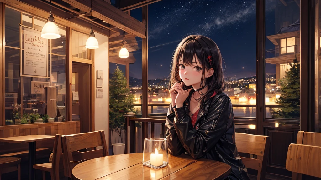 (Original photo, Highest quality), 1 girl, Lisa, night,Cafe, relax, Satosh Khan&#39;Art Style