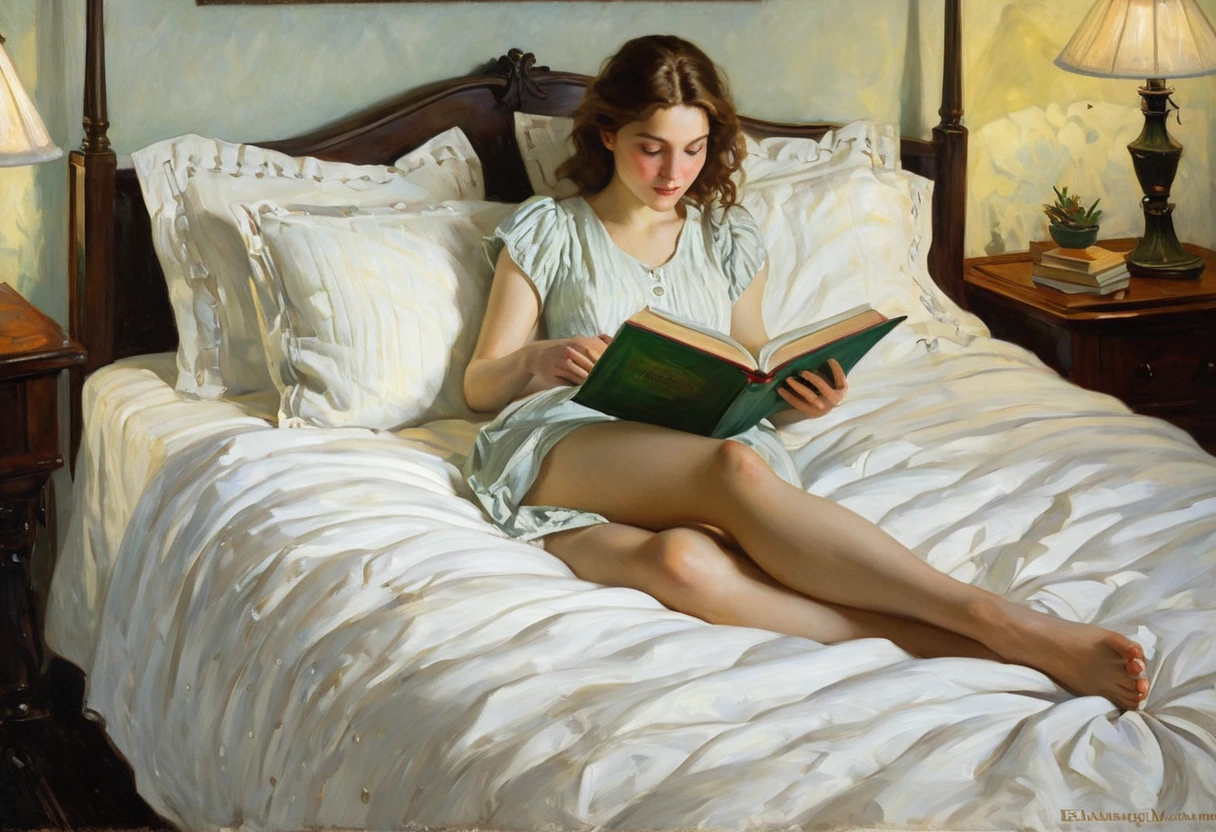 painting of a woman reading a book to a on a bed, by Michael Malm, morgan weistling, by Elizabeth Shippen Green, by Alexander Kucharsky, by Harrington Mann, by Daniel F. Gerhartz, radiant morning light, inspired by Michael Malm, by László Balogh, danile gerhartz